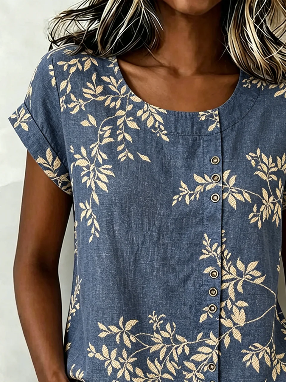 Vintage Loose Crew Neck Botanical Pattern Shirt