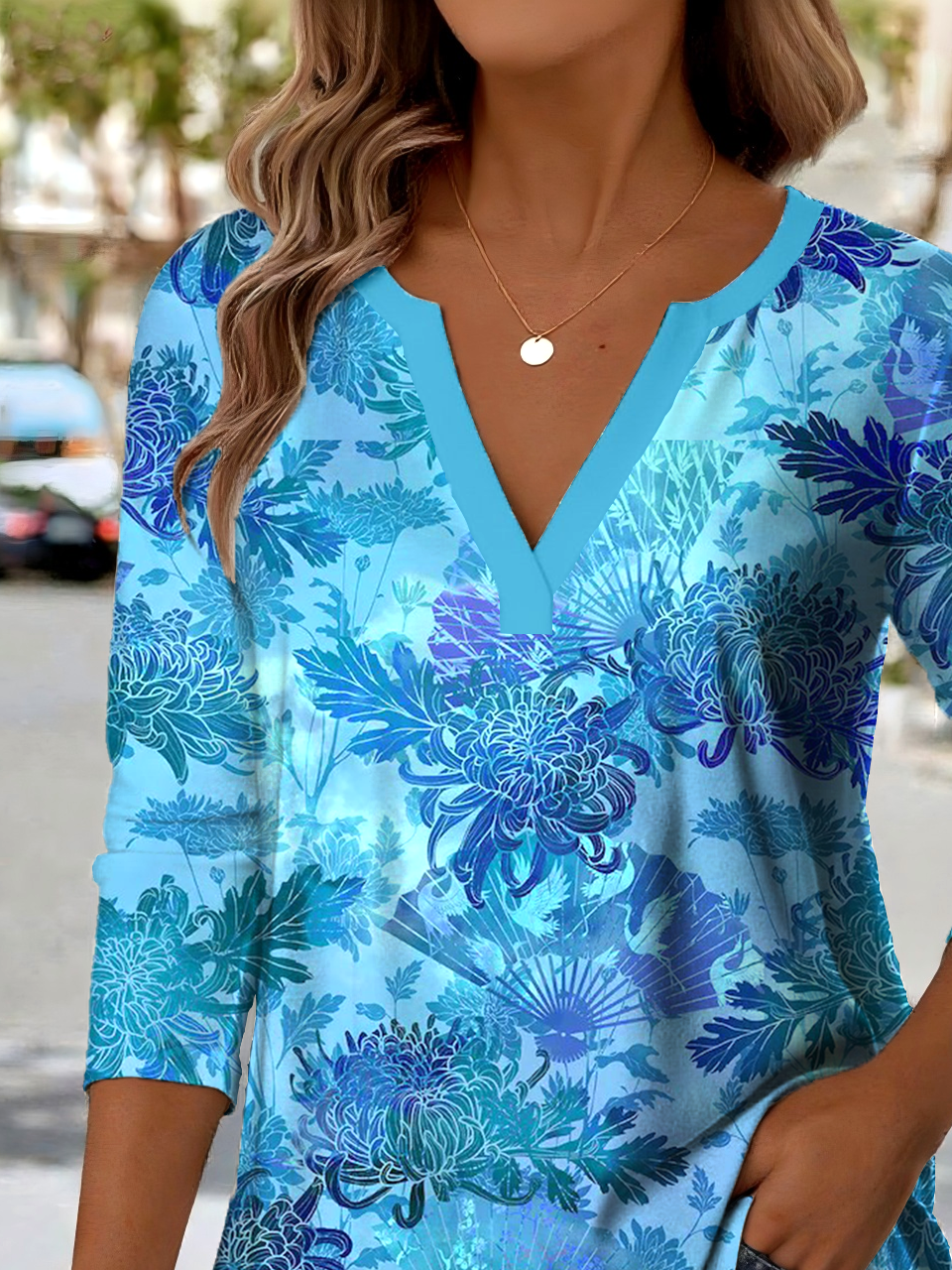 Printed Commuter V-Neck Long Sleeve Chrysanthemum Floral T-Shirt