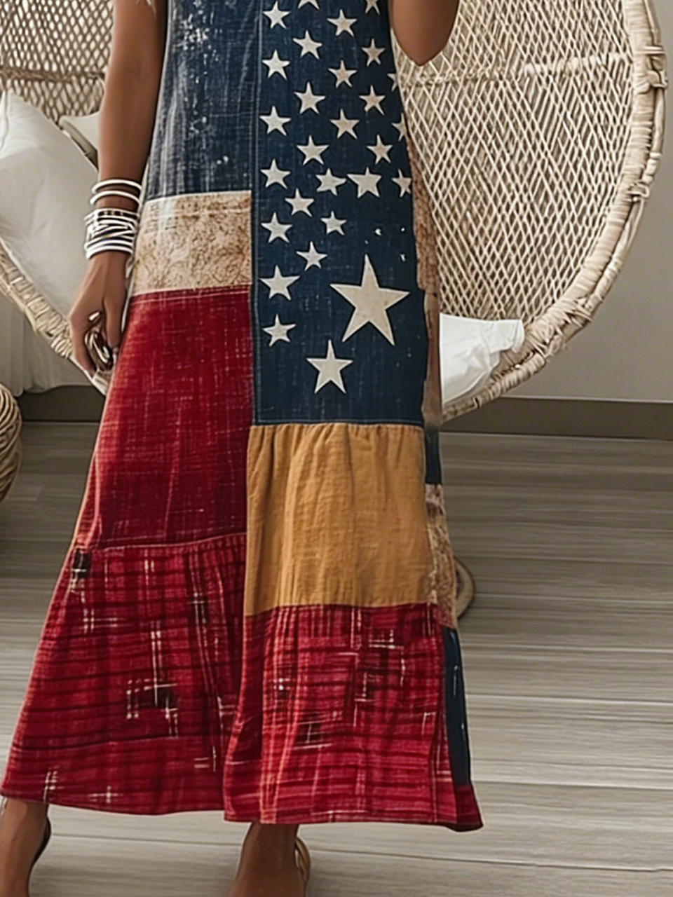 Loose Vintage Independence Day V Neck Dress With No