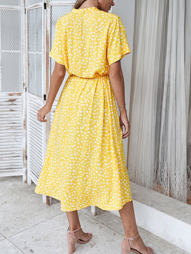 Women's Short Sleeve Summer Blue Polka Dots Split Joint V Neck Daily Going Out Vintage Maxi A-Line T-Shirt Dress Dress