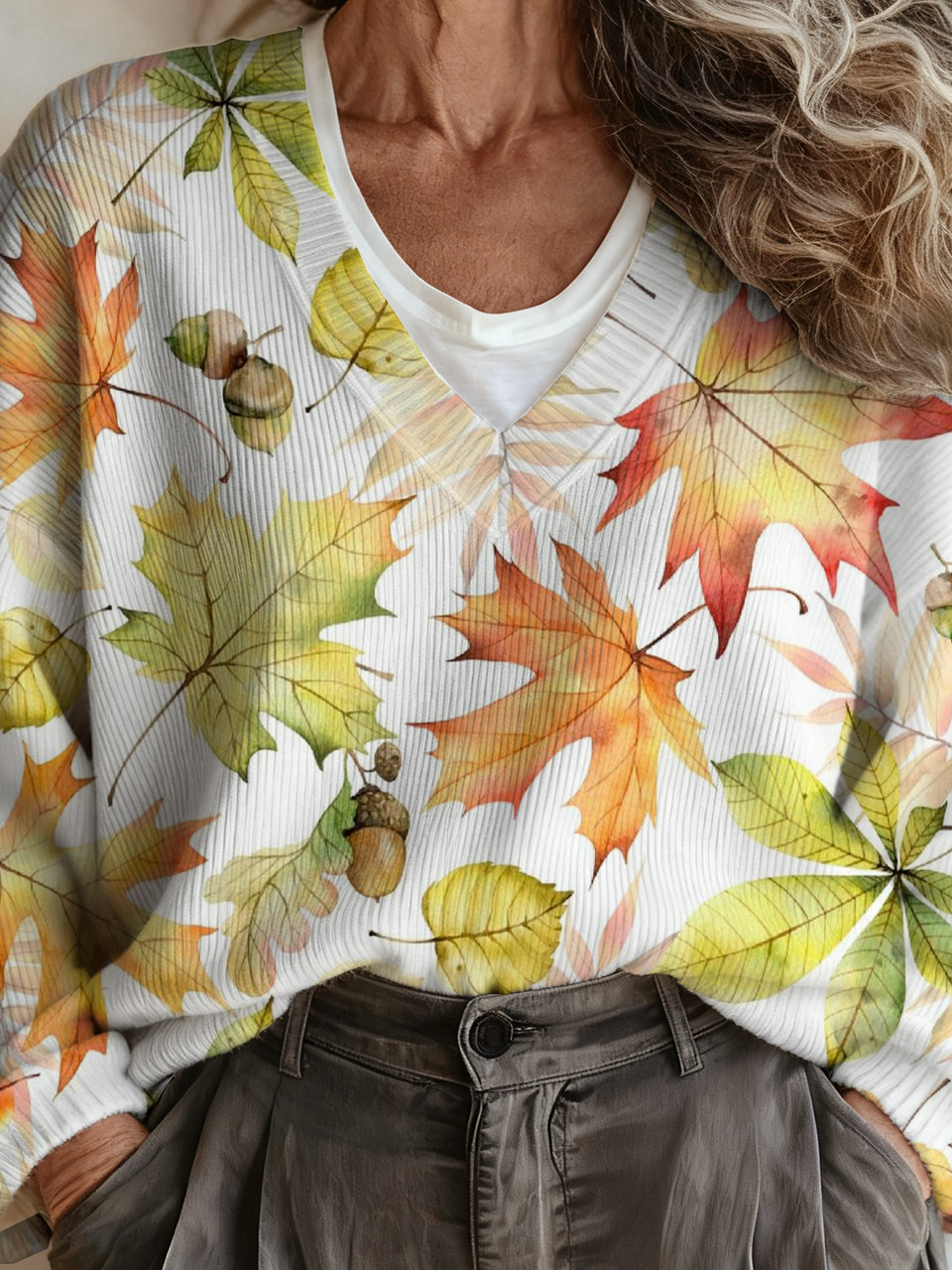 Loose Maple Leaf V Neck Ethnic Sweater