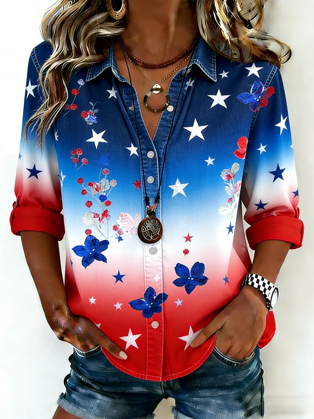 Faux Denim Print Graphic Casual Others Shirt