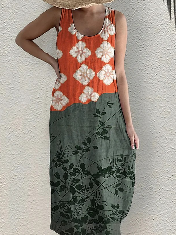 Japanese Art Flower Print Sleeveless Casual Linen Blend Midi Dress