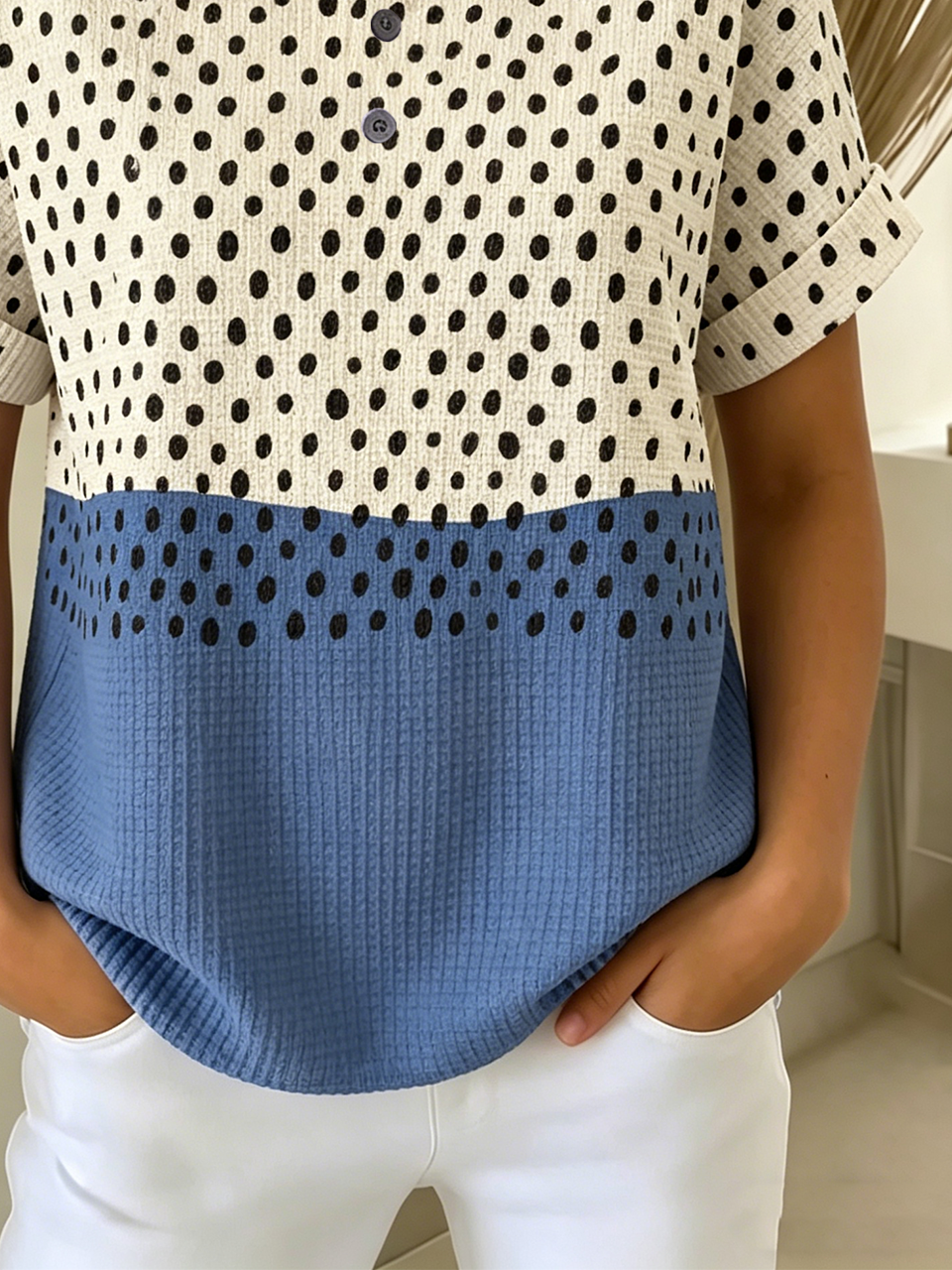 Polka Dot Color Block Print Lightweight Henley Short Sleeve T-Shirt