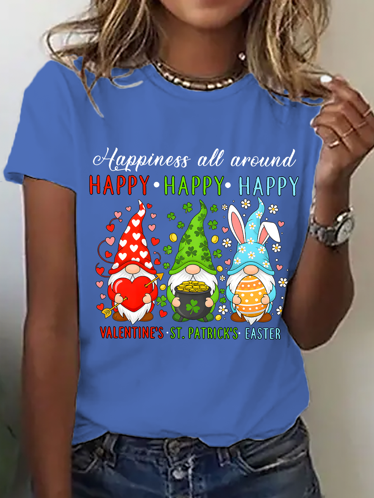 Women's Happy Valentines St Patrick Easter Happy Holiday Gnome Funny short-sleeved T-shirt