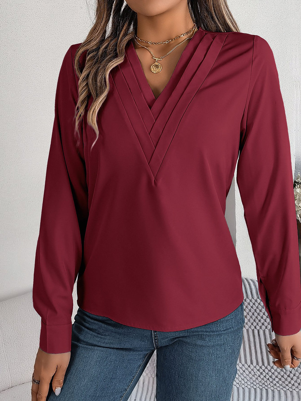 Women's Long Sleeve Shirt Spring/Fall White Plain Split Joint Tencel Fiber V Neck Daily Going Out Casual Top
