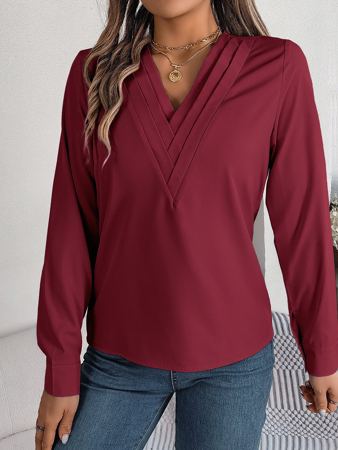 Women's Long Sleeve Shirt Spring/Fall White Plain Split Joint Tencel Fiber V Neck Daily Going Out Casual Top