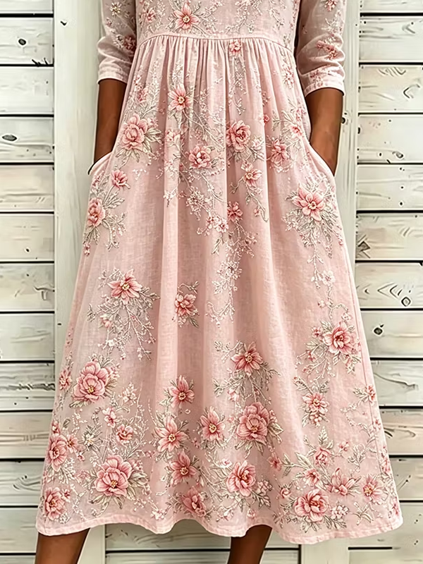 Women's Half Sleeve Summer Pink Floral Printing Crew Neck Daily Going Out Casual Maxi H-Line Dress