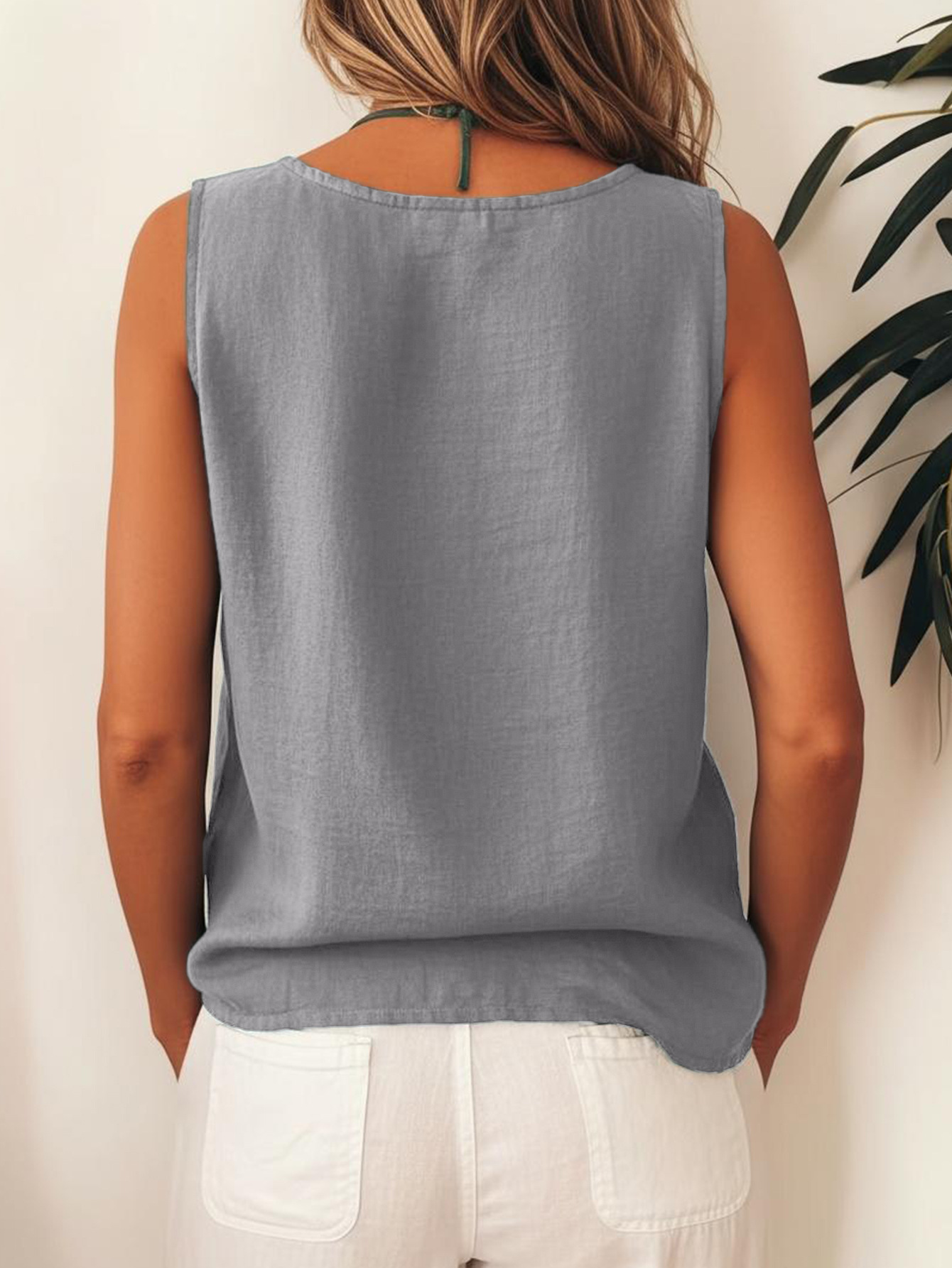 Plain Viscose Round Neck Sleeveless Button Summer Casual Boho Top