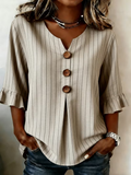 Women's Half Sleeve Blouse Summer Khaki Striped Printing V Neck Daily Going Out Vintage Top