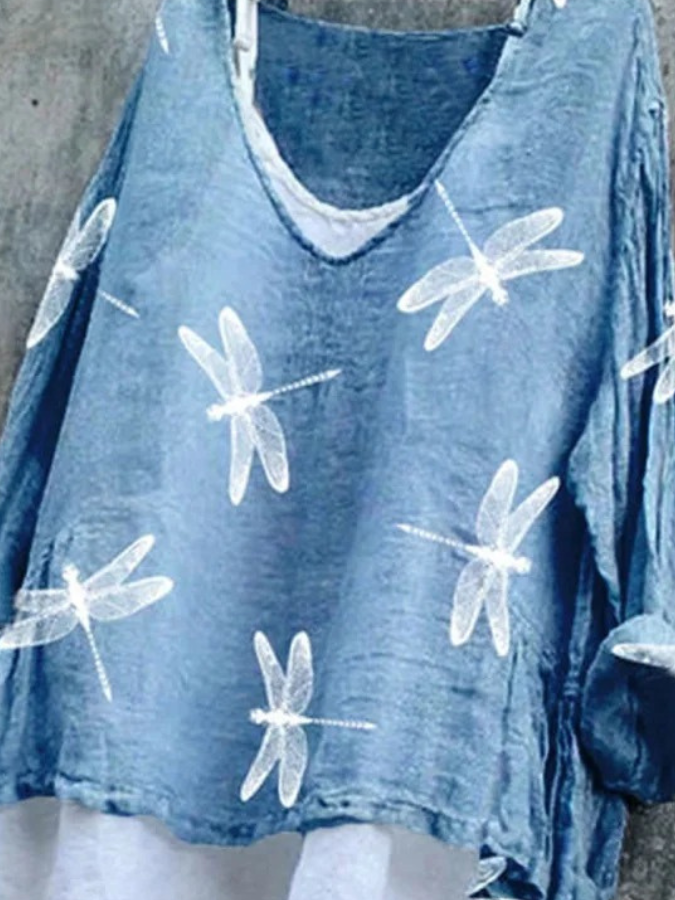 Vintage Dragonfly Cotton V Neck T-Shirt