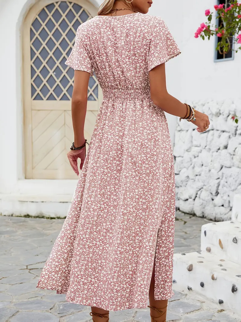 Floral Printed V Neck Short Sleeve Smock Detail Spring Summer Casual Maxi Dress