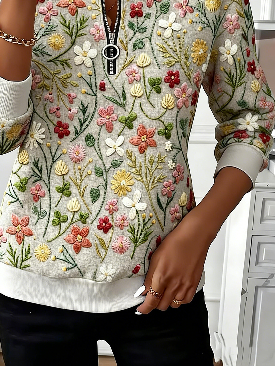 Embroidery Patterns Vintage Crew Neck Loose Sweatshirt