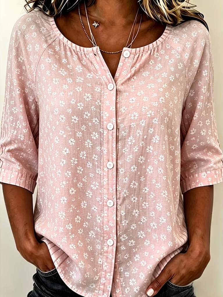 Women's Half Sleeve Shirt Summer Pink Floral Printing Crew Neck Daily Going Out Casual Top