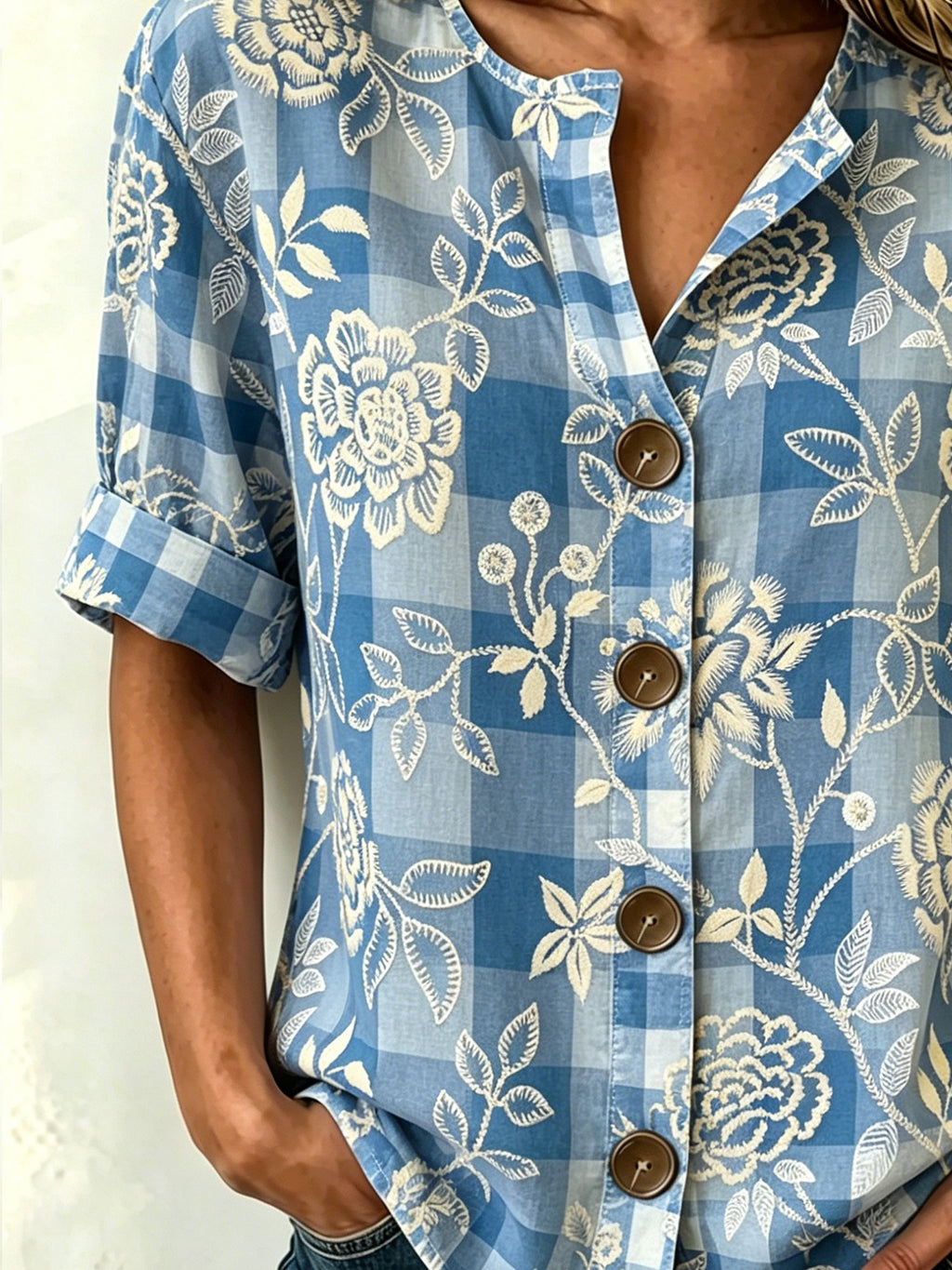 Plaid Floral Printed Stand Collar Botton Spring Summer Linen Blend Casual Shirt