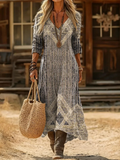Women's Long Sleeve Spring/Fall As Picture Abstract Printing V Neck Daily Going Out Vintage Maxi H-Line Dress