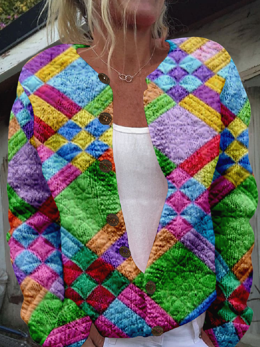 Women’s Casual Spring/Fall 3D Printing Plaid Crew Neck Loose Cardigan