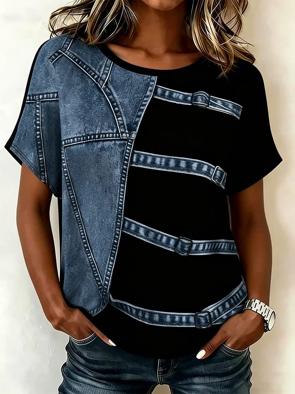 Crew Neck Casual Faux Denim Print Graphic T-Shirt