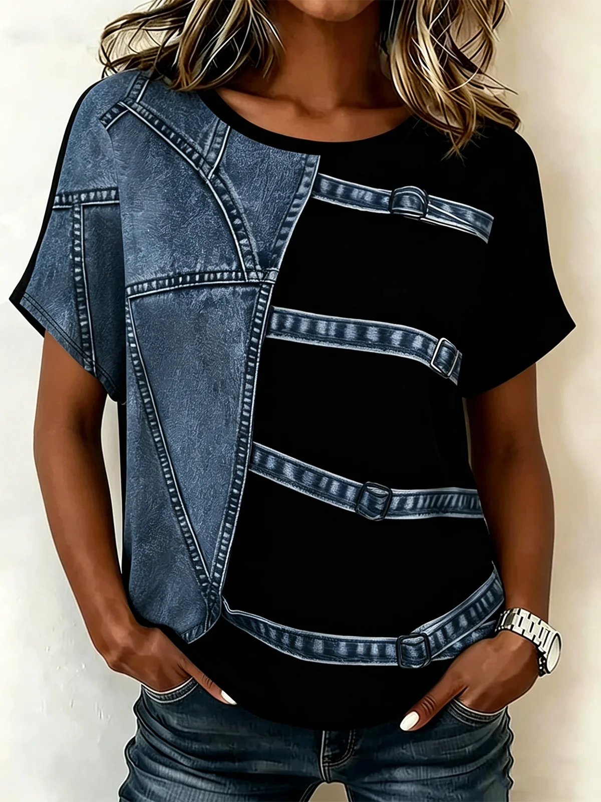 Crew Neck Casual Faux Denim Print Graphic T-Shirt