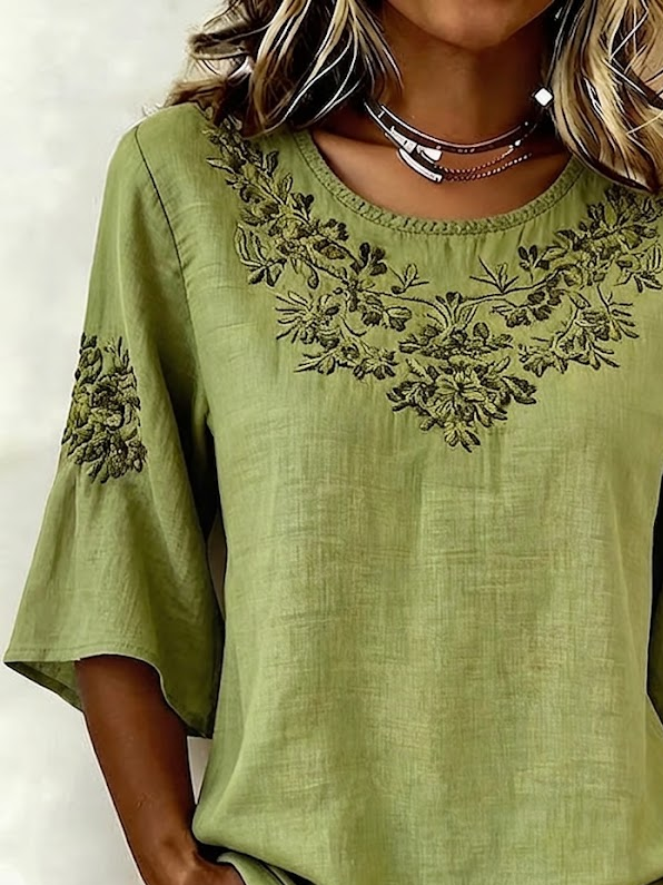 Women's Half Sleeve Blouse Summer Green Floral Printing Crew Neck Daily Going Out Vintage Top