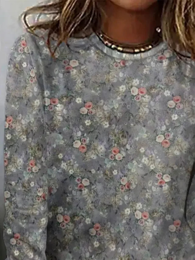 Women's Long Sleeve T-shirt Spring/Fall Gray Floral Printing Jersey Crew Neck Daily Going Out Casual Top