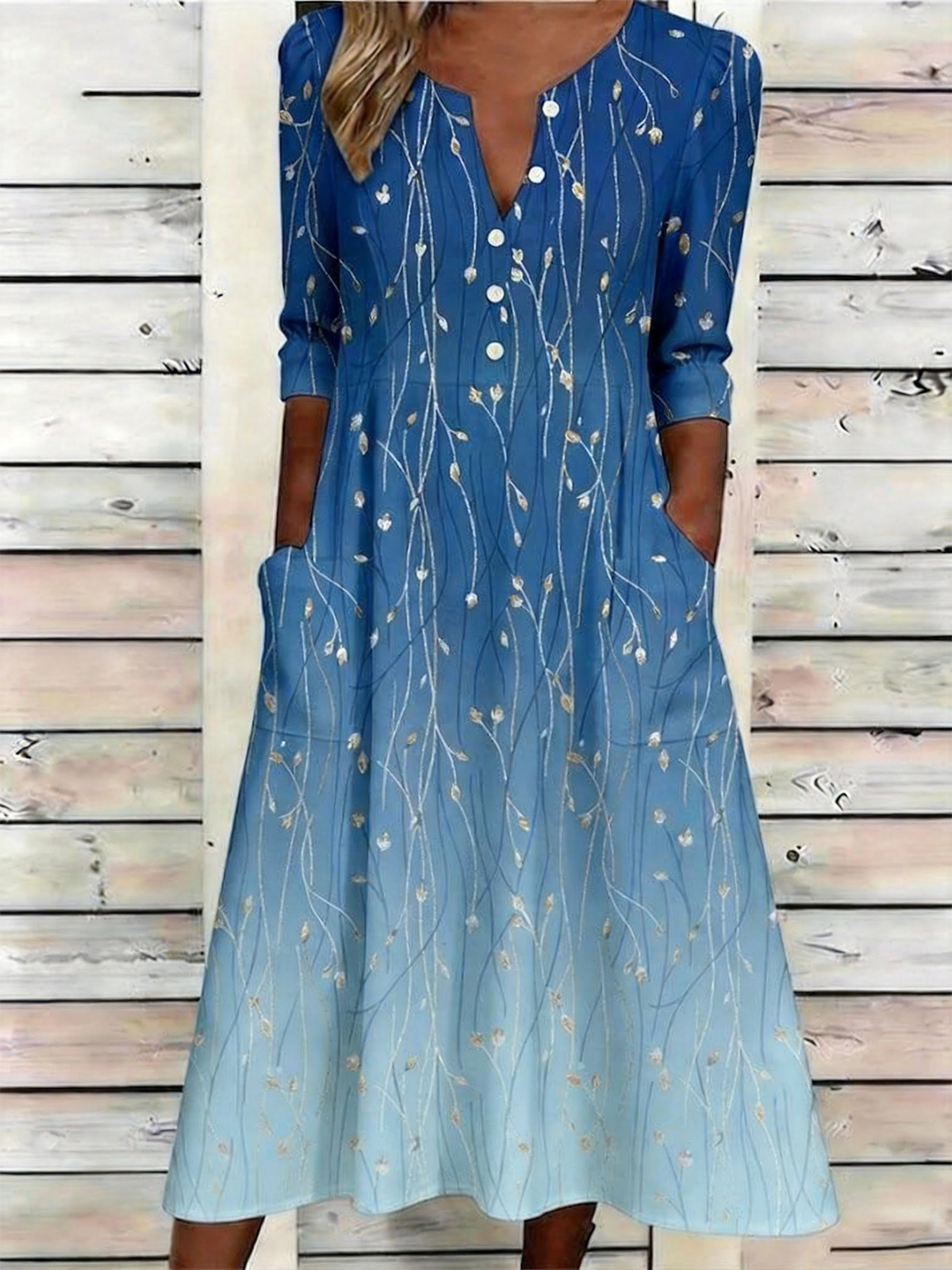 Vintage Half Open Collar Floral Loose Dress With No