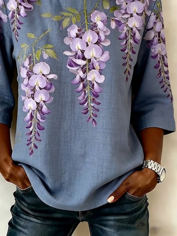 Women's Half Sleeve Blouse Summer Blue Purple Floral Printing Crew Neck Daily Going Out Vintage Top