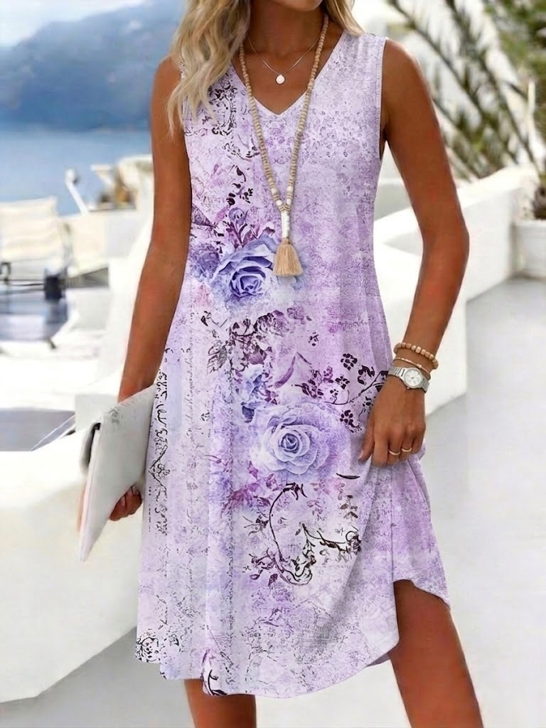 Loose Casual Floral V Neck Dress With No