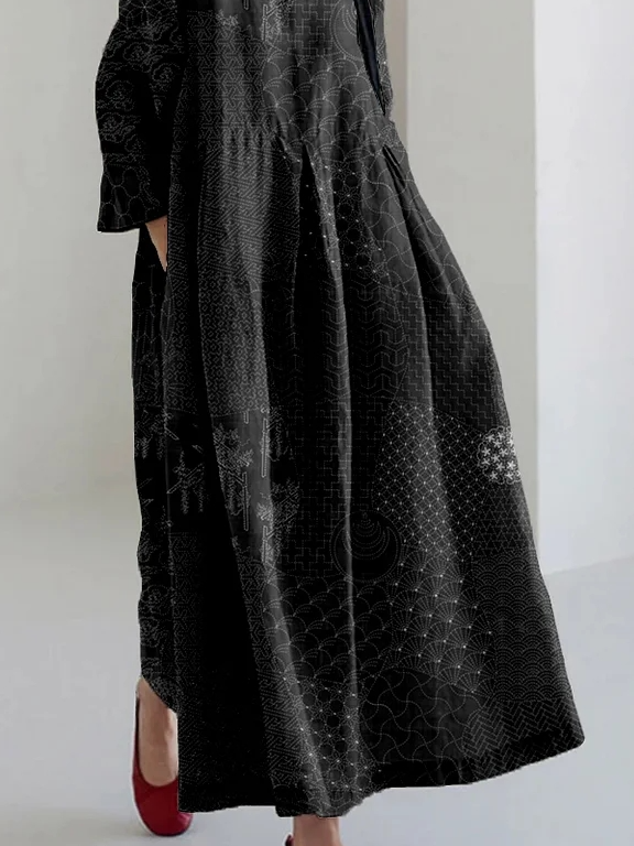 Japanese Traditional Sashiko Art Linen Blend Maxi Dress