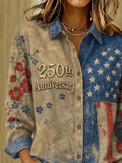 Women's Long Sleeve Shirt Spring/Fall As Picture America Flag Buckle Shirt Collar Regular Sleeve Daily Going Out Casual Top