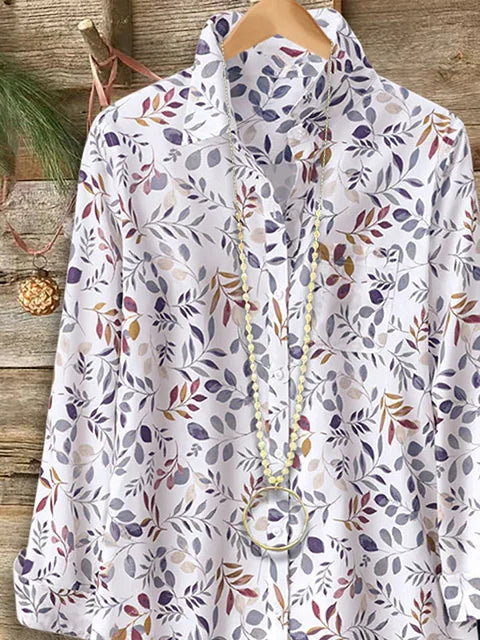 Women's Long Sleeve Shirt Spring/Fall White Floral Buckle Shirt Collar Regular Sleeve Daily Going Out Casual Top