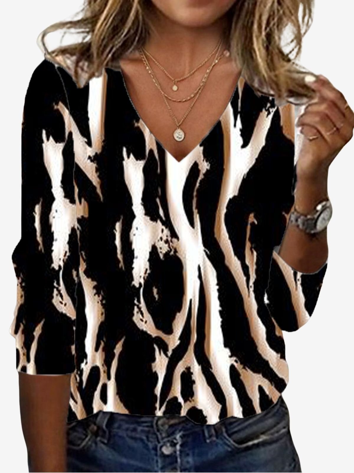 Leopard Print Long Sleeve V-Neck T-shirt