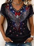Women's Short Sleeve T-shirt Summer Black America Flag Printing V Neck Holiday Going Out Casual Top