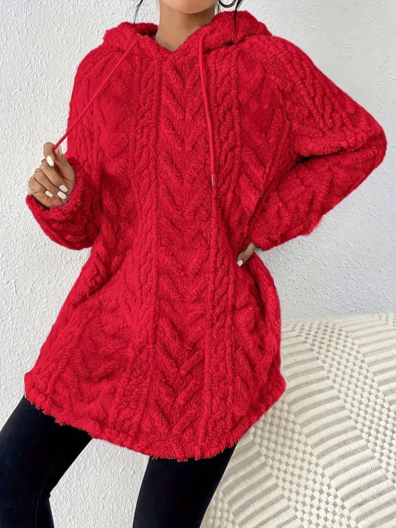 Women's Solid Color Hooded Long-Sleeved Plush Mid-Length Sweatshirt