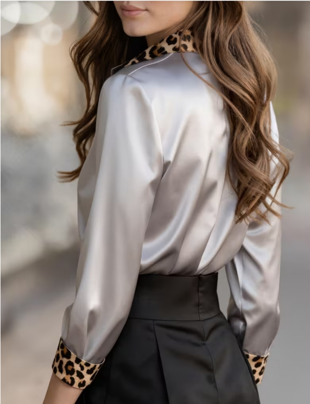 Women's Elegant Satin Color Block Leopard Printing Long Sleeve Shawl Collar Shirt