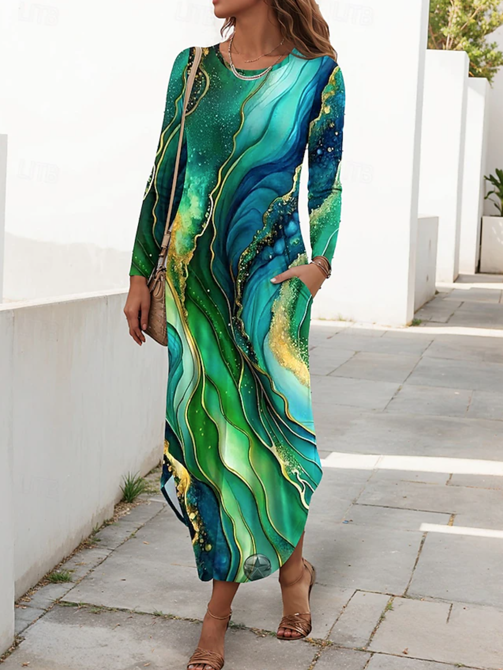 Women's Maxi Dress Vacation Casual Holiday Date Regular Regular Fit Graphic Geometric Long Sleeve Crew Neck