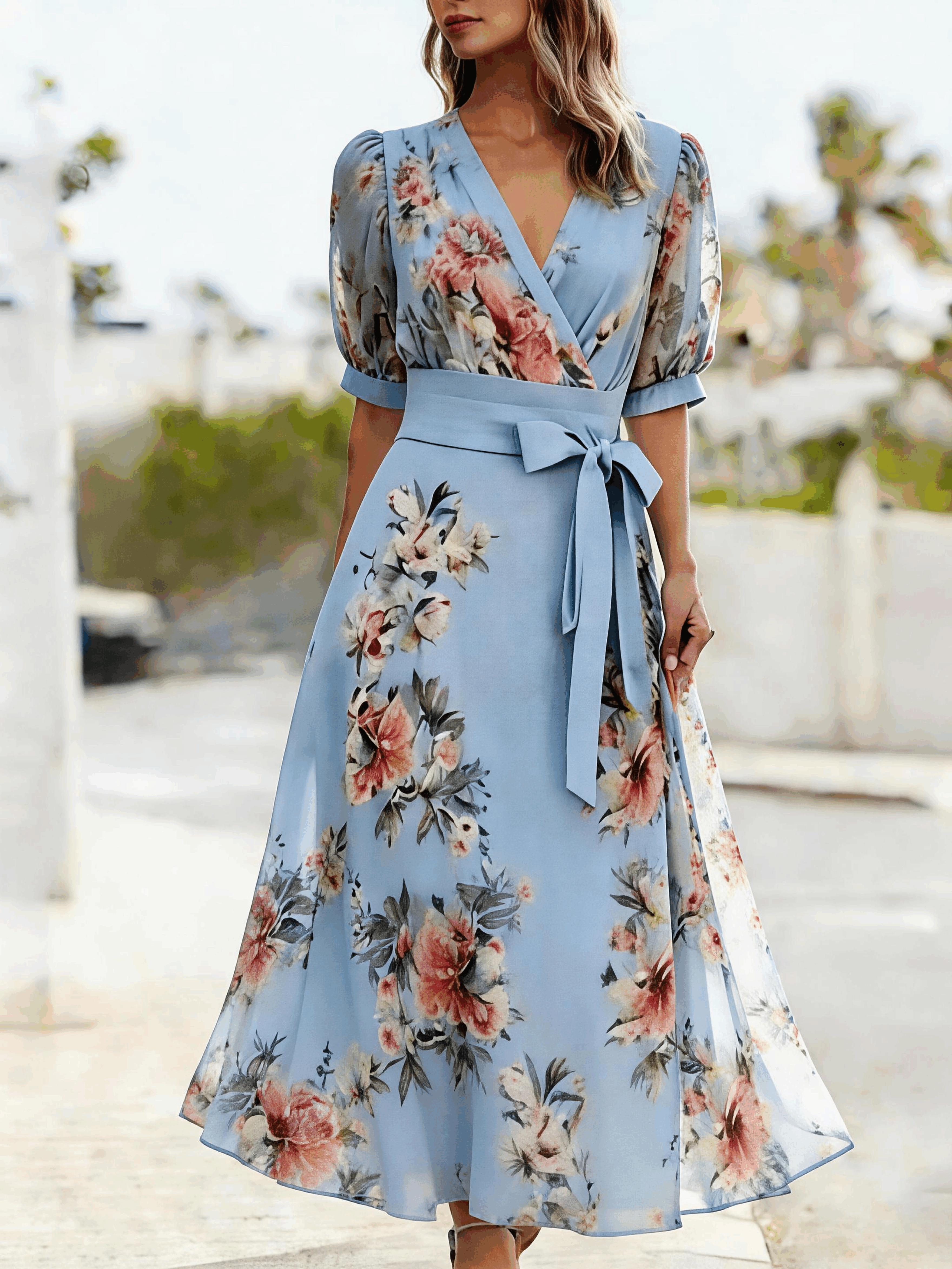 Regular Fit Floral Elegant V Neck Dress With No