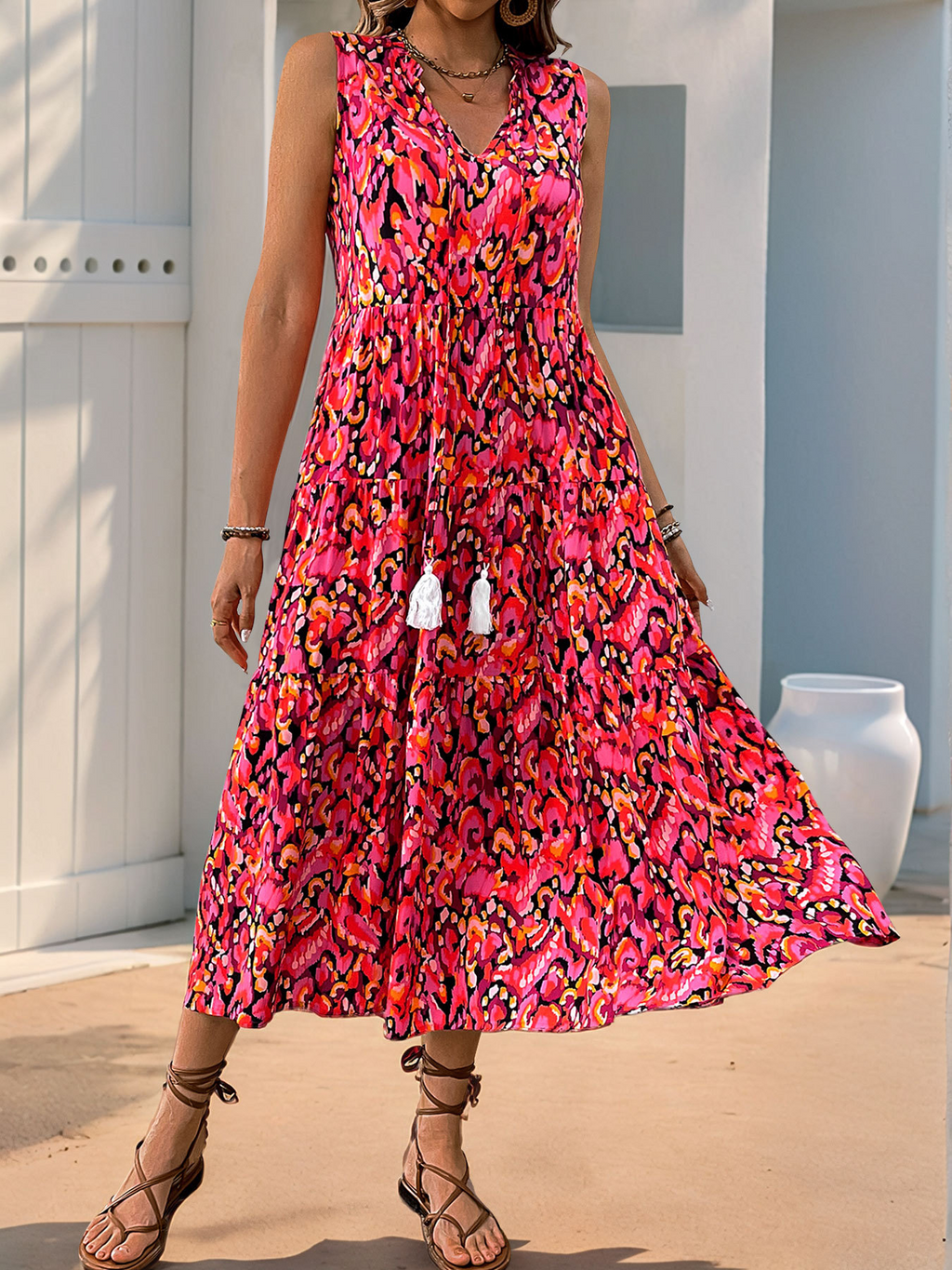 Ethnic Geometry Casual Viscose V Neck Sleeveless Vacation Summer Elegant Maxi Dress
