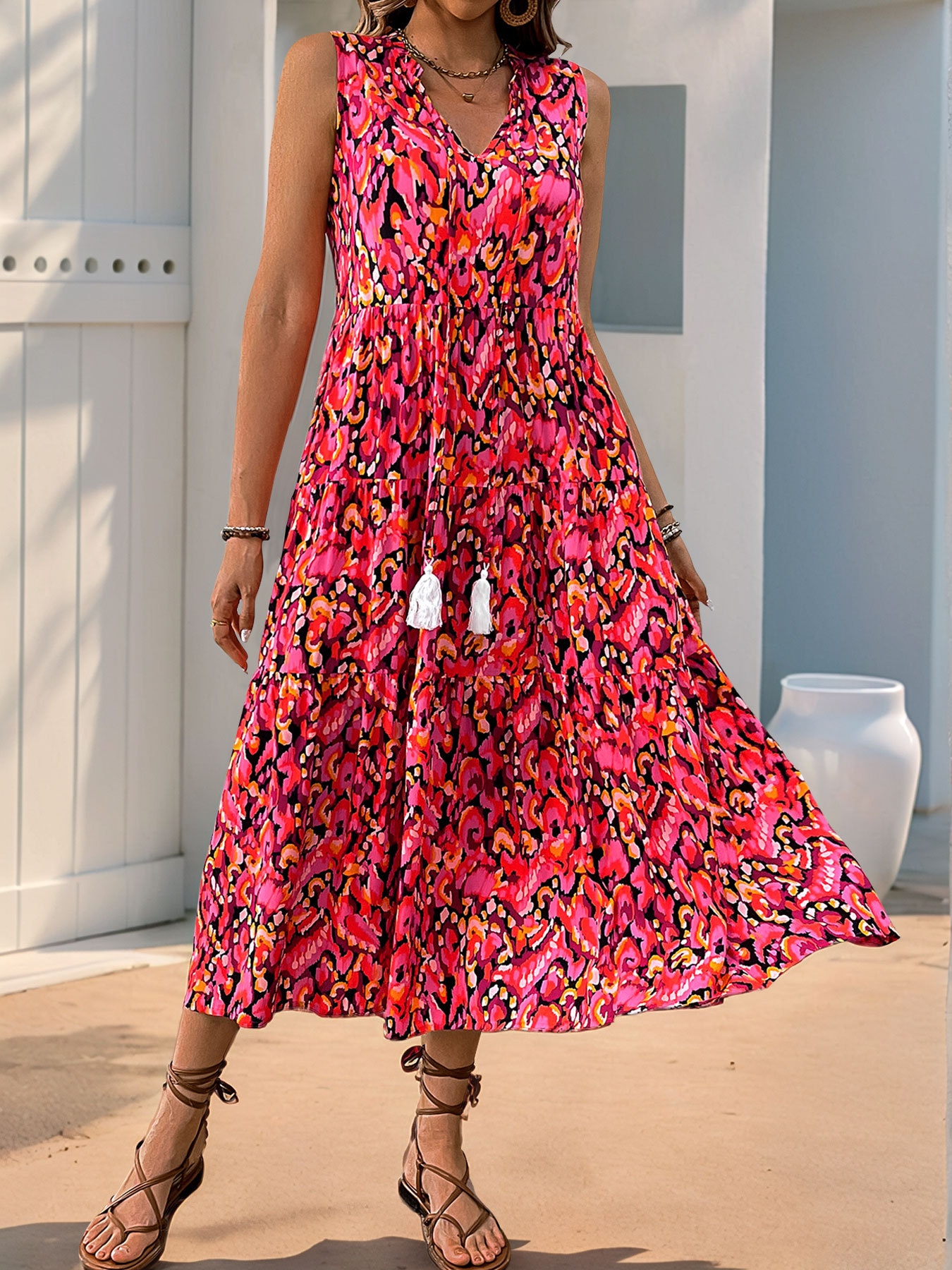 Ethnic Geometry Casual Viscose V Neck Sleeveless Vacation Summer Elegant Maxi Dress