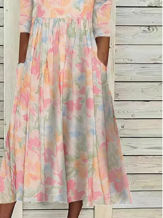 Floral Casual Crew Neck Loose Dress With No