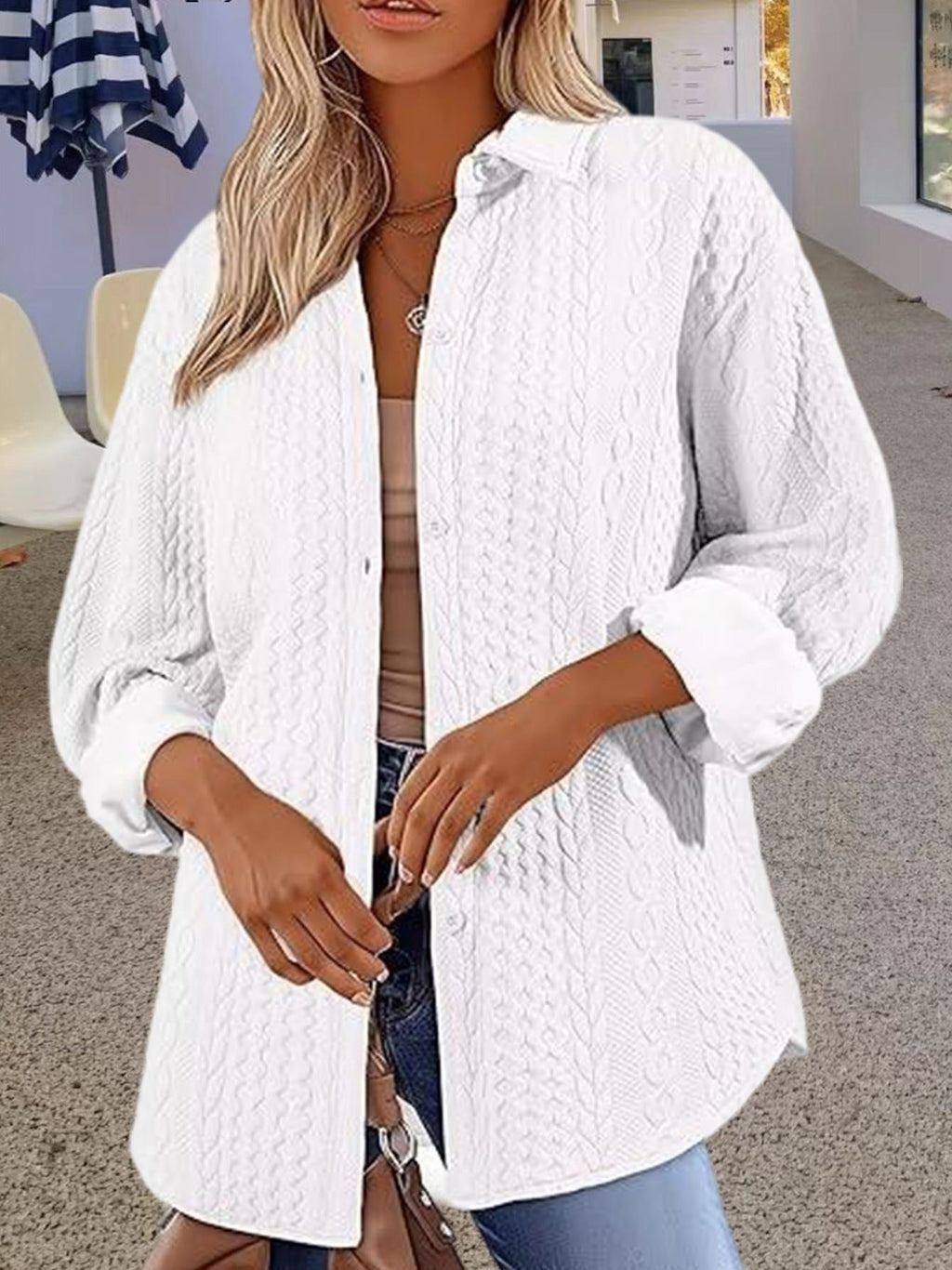 Women's Long Sleeve Shirt Spring/Fall White Plain Split Joint Shirt Collar Daily Going Out Casual Top
