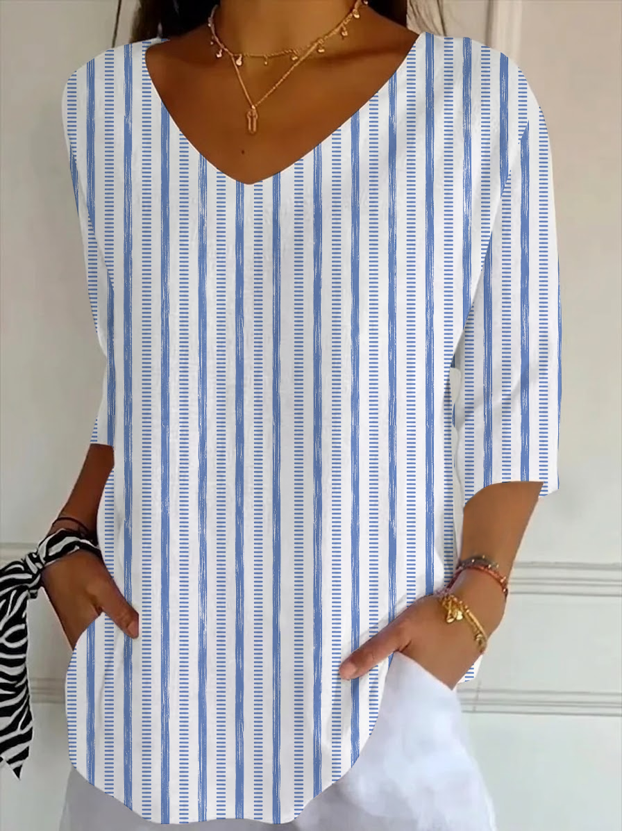 Women's Three Quarter Sleeve T-shirt Spring/Fall Blue Striped Printing V Neck Daily Going Out Casual Top