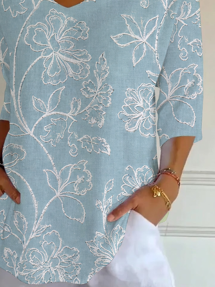 Women's Three Quarter Sleeve T-shirt Spring/Fall Blue Floral Printing V Neck Daily Going Out Casual Top