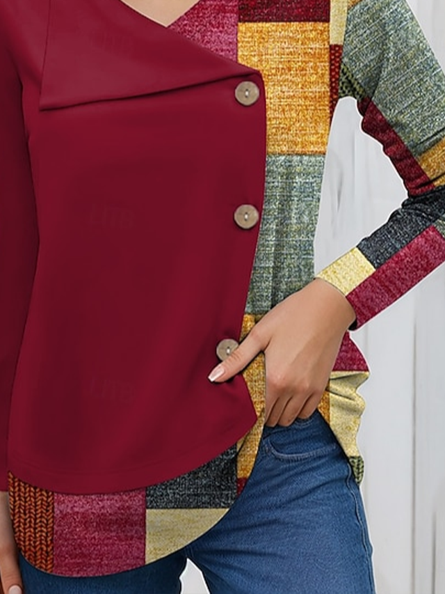 Women's Long Sleeve T-shirt Spring/Fall Wine Red Plaid Printing V Neck Daily Going Out Casual Top