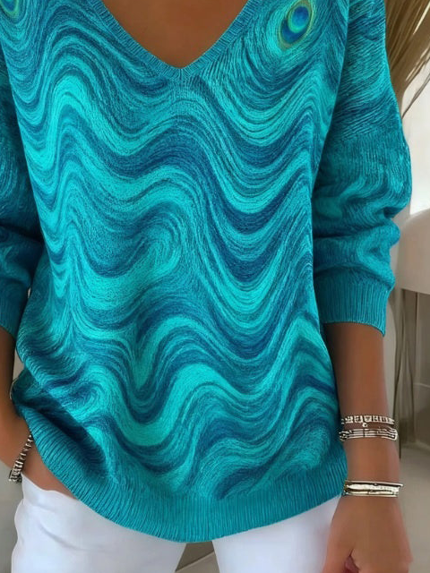 Women's Long Sleeve T-shirt Spring/Fall Cyan Abstract Printing V Neck Daily Going Out Casual Top