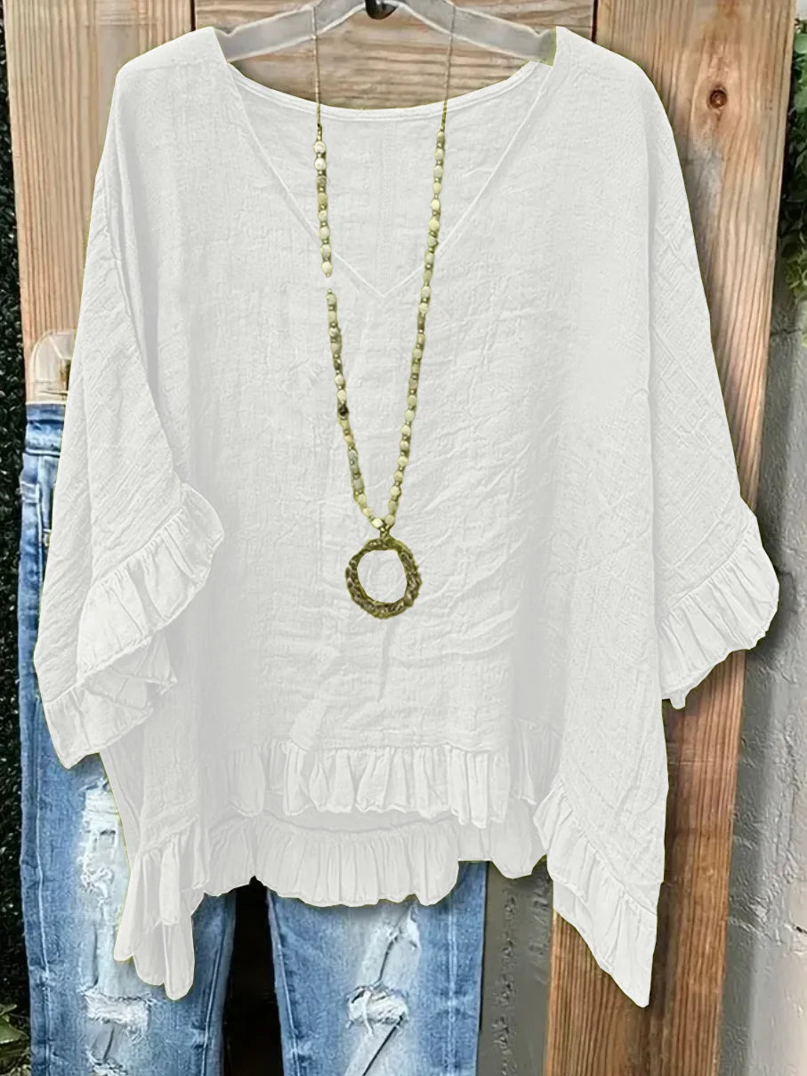 Women's Polyester Cotton V Neck Short Sleeve Ruffle Cuff Top Daily Going Out Plain Loose Casual Blouse