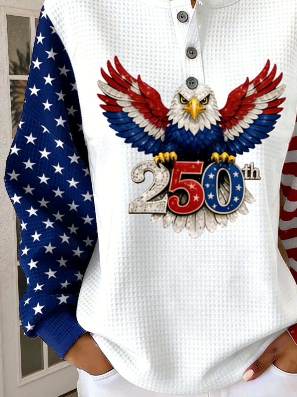 3D Printing Waffle America Flag Round Neck Button Casual Hoodie