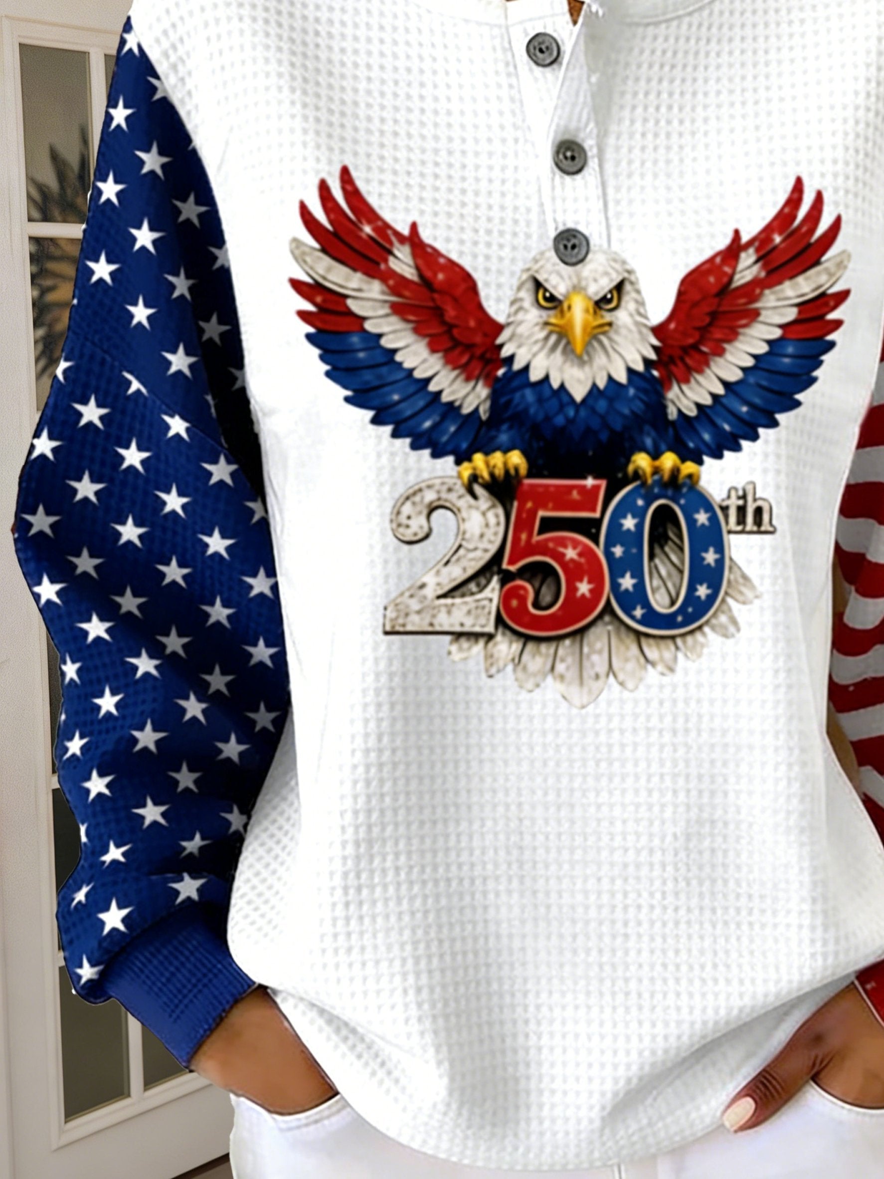 3D Printing Waffle America Flag Round Neck Button Casual Hoodie