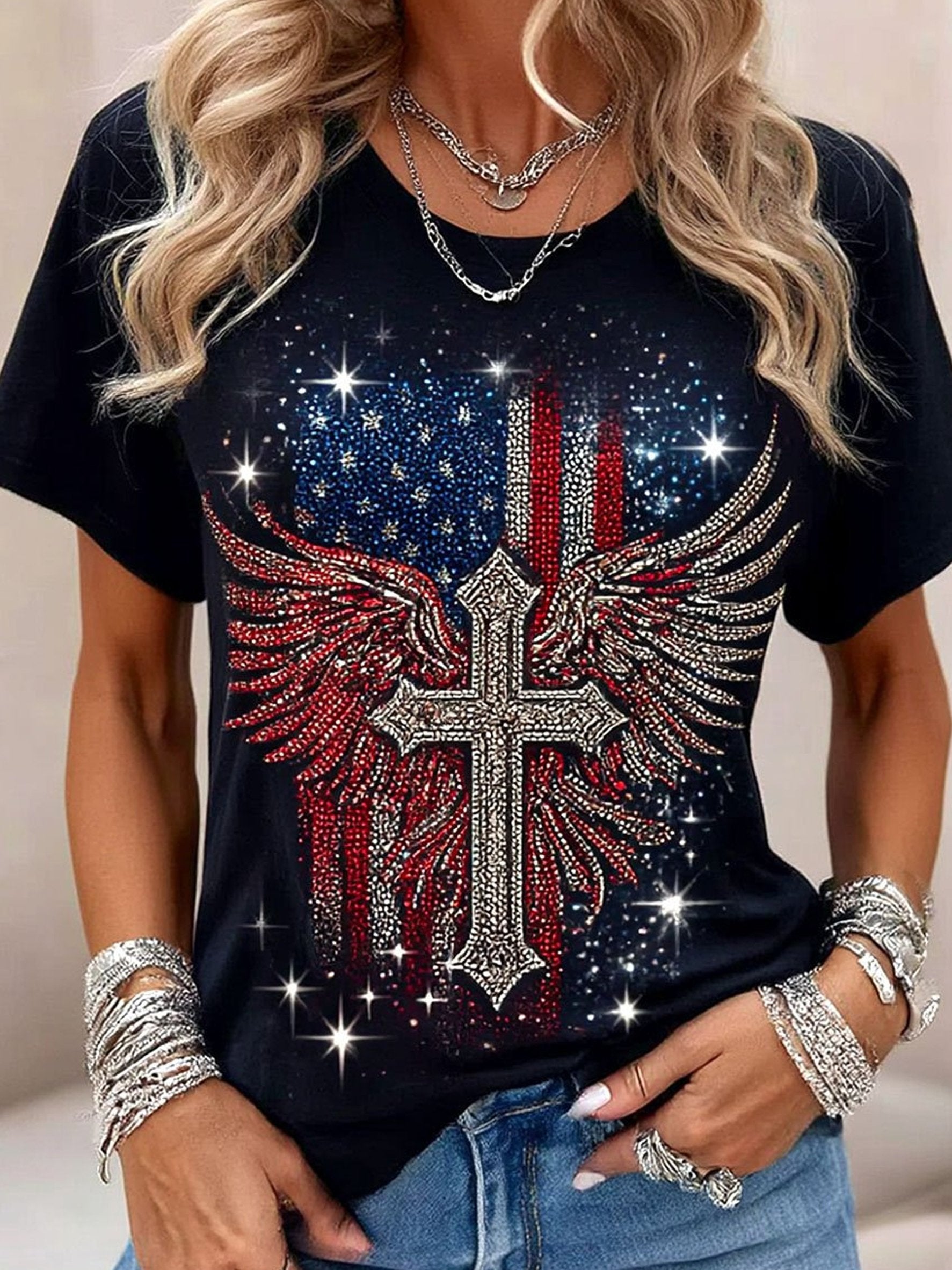 3D Printing Crew Neck Short Sleeve Casual America Flag T-Shirt