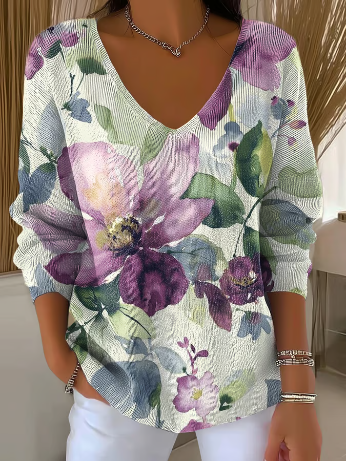 Women's Long Sleeve T-shirt Spring/Fall As Picture Floral Printing V Neck Daily Going Out Casual Top